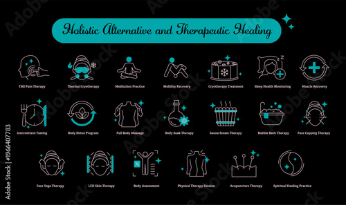 Holistic Alternative and Therapeutic Healing icon, Integrative Medicine and Natural Wellness Therapy Icons, Mind Body Spirit and Alternative Treatment Icons icon