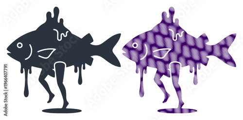 Melting fish icons, dripping colorful illustrations, purple and black abstract art, surreal creatures