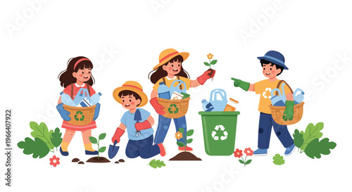Happy children work together to protect the environment by planting flowers and collecting plastic bottles for recycling in a green bin.