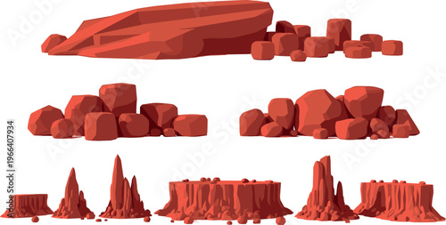 Bild auf Leinwand Stylized low‑poly red rock formations with angular blocks, rounded boulders, mes