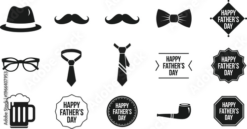 Happy Father's Day vector icon set featuring classic men's accessories and festive greetings in black and white.