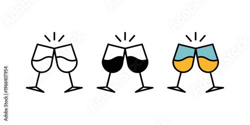 Cartoon wine glasses toasting with different colored liquids celebration party in white background