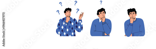 Thinking Person Illustration Set with Pensive Expressions and Question Marks for Thinking, Problem Solving, and Concept Graphics