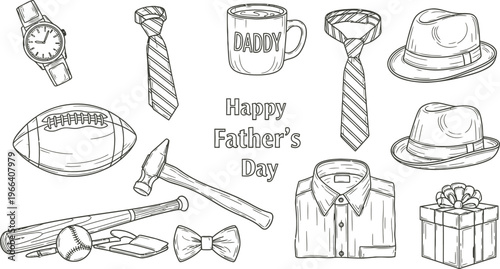 Happy Father's Day hand-drawn illustration featuring a collection of masculine symbols and gift items, perfect for celebration.