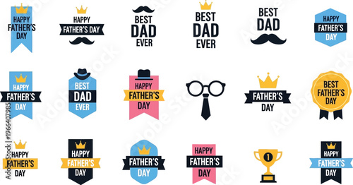 A comprehensive collection of Father's Day badges, labels, and icons featuring crowns, mustaches, hats, and ties in a flat vector style.