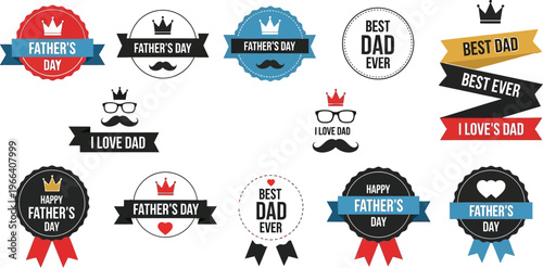 Collection of various Father's Day themed vector badges, labels, and ribbons featuring crowns, mustaches, and heartfelt messages.