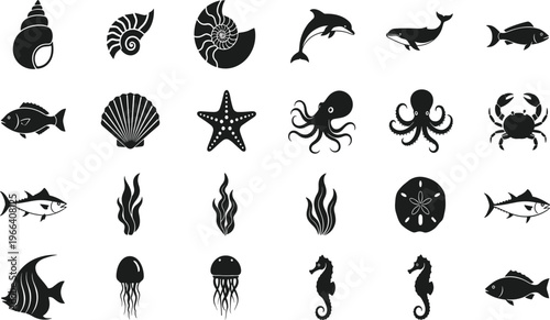Sea animals silhouettes set including fish octopus dolphin shells and jellyfish isolated on white background, marine life vector illustration collection