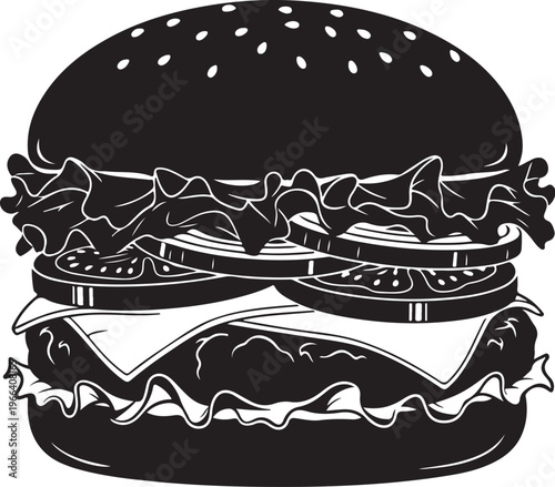 Black and White Illustration of a Tasty Double Decker Burger