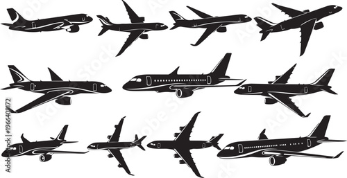 Collection of airplanes in various flying positions and angles