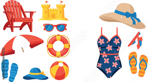 Summer Beach Essentials Illustration Set Featuring Swimsuits, Sunglasses, Life Rings, and Beach Accessories