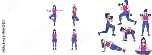 Yoga and Strength Training Exercise Illustration Set with Woman Using Dumbbells for Fitness, Wellness, and Health Graphics