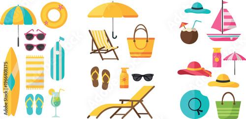 Summer Beach Essentials Illustration Set with Umbrellas, Sunglasses, Surfboards, and Vacation Accessories