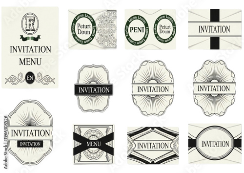 Collection of decorative invitation and menu design elements with vintage flair