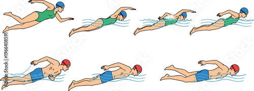 Swimmer Illustration Set with Different Swimming Strokes and Poses in Green and Red Swimwear for Aquatic, Sports, and Fitness Designs