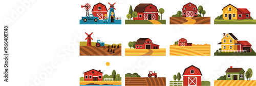 Farm Illustration Set with Barns, Tractors, Windmills, and Rural Landscape for Agricultural, Farmhouse, and Rural Graphics