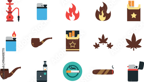 Tobacco and Smoking Accessories Illustration Set with Lighters, Pipes, Cigarettes, Hookah, and Flames