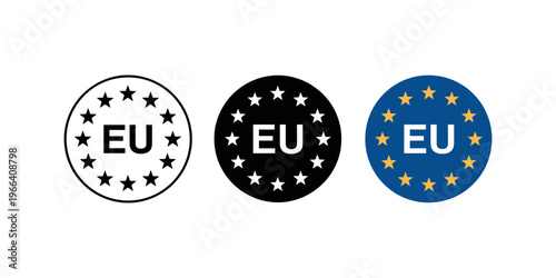 European Union symbols with E U text and star patterns in white, black, and blue circle stars in white background