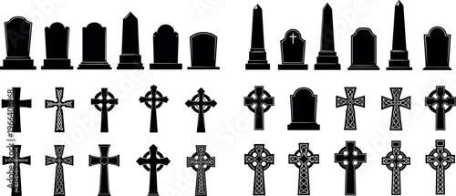 Tombstone and Cross Icons Set with Various Headstones, Obelisks, and Celtic Cross Designs in Black and White