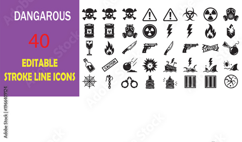 Dangerous, editable line icons, 40 stroke symbols, warning signs