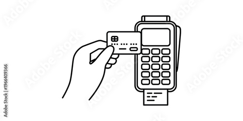 Hand holding credit card near payment terminal card reader transaction in white background