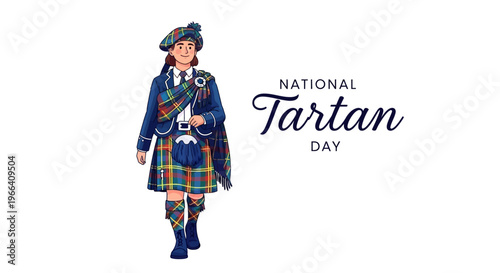 Vector illustration of a man in traditional Scottish Highland dress playing bagpipes on National Tartan Day with a tartan pattern and Celtic culture concept.