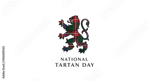 A lion rampant in a red and green tartan pattern on National Tartan Day with a celebratory mood against a clean white background.