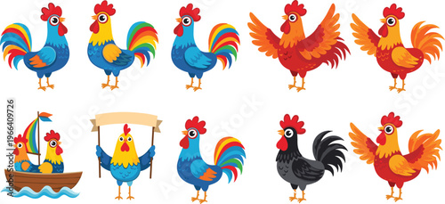 Vibrant Rooster Illustration Set with Colorful Feathers, Boat, and Sign Poses for Farm, Animal, and Fun Graphics