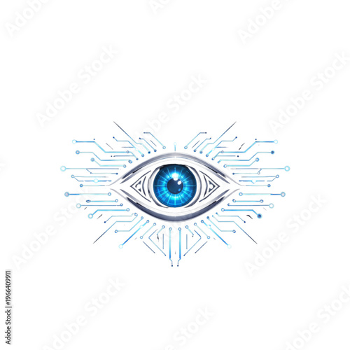 Futuristic blue eye with technological circuitry patterns symbolizing vision, surveillance, and innovation