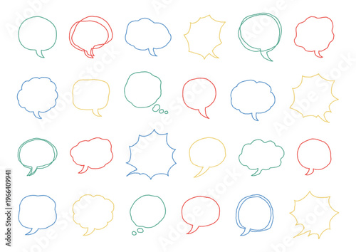 シンプル・もこもこ・ギザギザなど様々な形をした明るい色合いの手描きの吹き出しセット（背景透過）