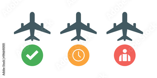 Three airplanes with checkmark clock and person symbols in white background