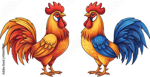 Colorful Rooster Illustration Set with Vibrant Feathers and Detailed Plumage for Farm, Poultry, and Animal Graphics