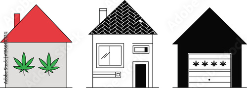 Minimalist House Illustrations with Cannabis Leaves on Facades for Marijuana, Legalization, and Cannabis Industry Graphics