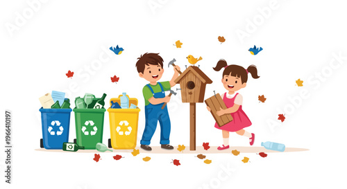 A young boy and girl are happily building a wooden birdhouse next to three colorful recycling bins while autumn leaves fall all around them.