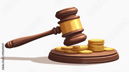 Justice gavel, law hammer, gold coins, financial judgment, court decision