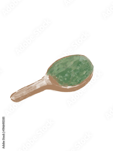 Hand-Painted Watercolor Illustration of a Wooden Spoon with Matcha Green Tea Powder