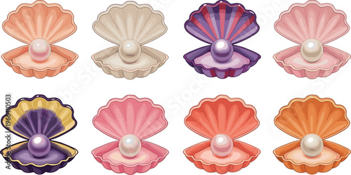 Vibrant pearl oyster shells collection with colorful open scallop designs isolated decorative marine vector set
