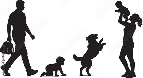 Silhouette of a happy family with two children and a pet dog playing together on a white background.