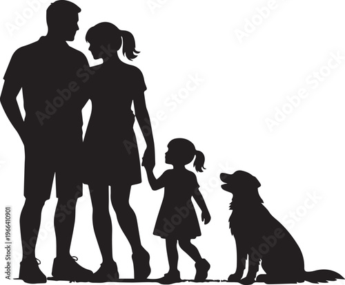 Silhouette of a happy family with father mother daughter and their pet dog standing together