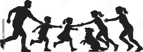 Silhouette of a happy family with three children and a dog running and playing together