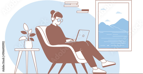 Person sitting in chair working on laptop beside table with plant indoors