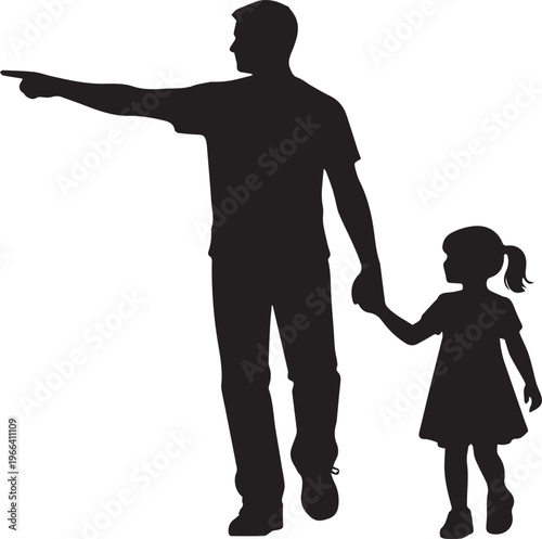 Silhouette of a father pointing at something while holding hands with his young daughter
