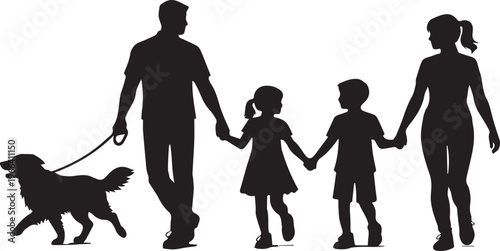 Black silhouette of a family with a mother, father, two kids, and a dog on a leash walking.