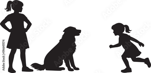 Silhouette of two young girls and their pet dog interacting on a plain white background
