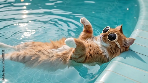 Playful orange tabby cat swimming in bright blue pool with goggles on sunny day