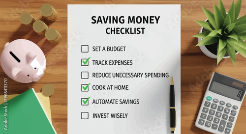 Saving Money Checklist on a Desk with Piggy Bank and Calculator Nearby