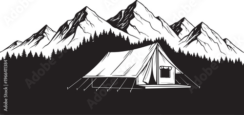 Camping in the mountains with a tent and trees