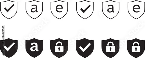 Collection of black and white shield icons with checkmarks representing security and protection
