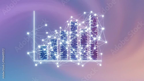 Abstract 3D Digital Network Illustration with Floating Dark Cubes Connected by Glowing Lines and a Financial Growth Bar Chart Representing Big Data