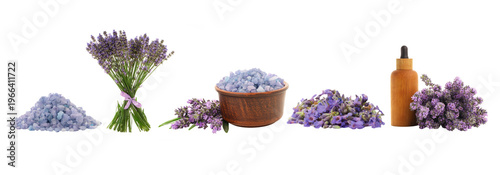 Konstfotografi Lavender flowers and bath salts in bowls, PNG