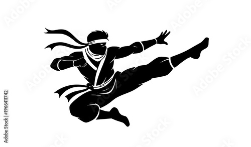 Jumping male ninja silhouette performing high kick dynamic action vector isolated on white
